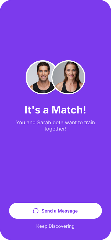 Kaizmo app interface showing workout partner discovery